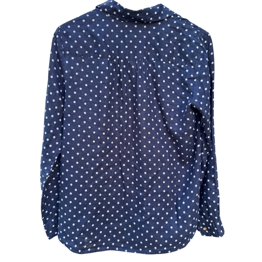 Charter Club Womens Linen Button Up Shirt M Blue Roll Tab Polka Dot Coastal - Picture 2 of 8